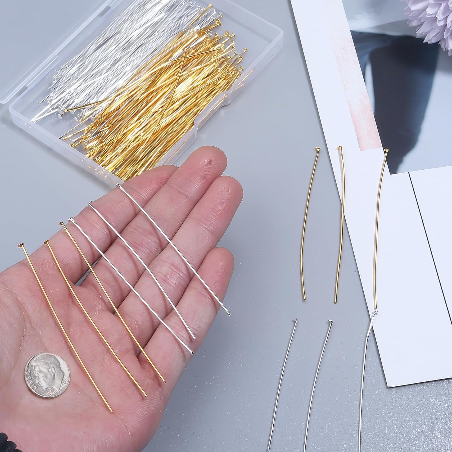200 Pcs 70mm/2.76 Inch 21 Gauge Head Pins for Jewelry Making Straight Eye Ball Pin for DIY Christmas Styles Craft Earring Bracelet Necklace Pendant Making (Head Pins,Silver & Gold Color) - Image 3