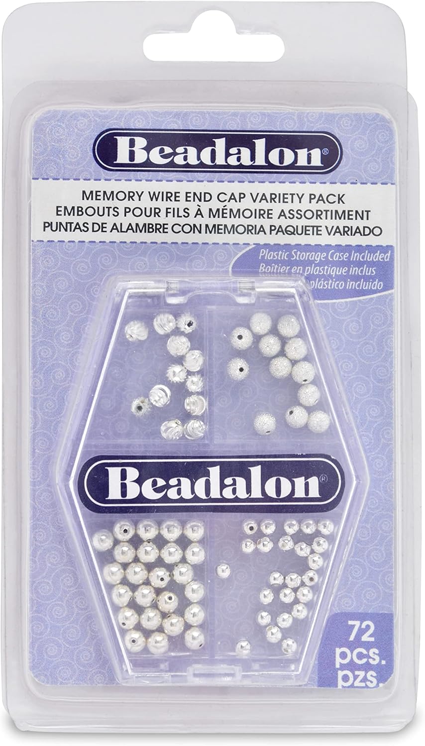 Beadalon Memory Wire End Caps, Variety Pack, Silver Plated, 24 pc 3 mm, 24 pc 4 mm, 12 pc 4 mm corrugated, 12 pc 4 mm sparkle