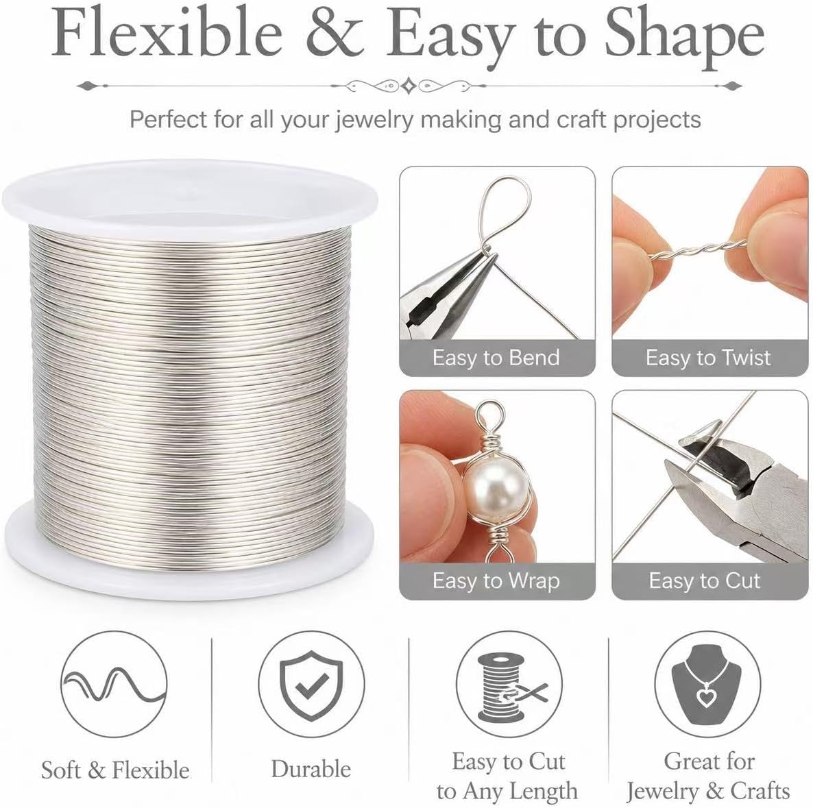 Gold Copper Jewelry Wire, 24 Gauge 0.5mm Craft Wire for Jewelry Making, Beading, Wire Wrapping, Bracelets, Necklaces, DIY Crafts, Tarnish Resistant Color, 100m/328ft (Silver) - Image 4